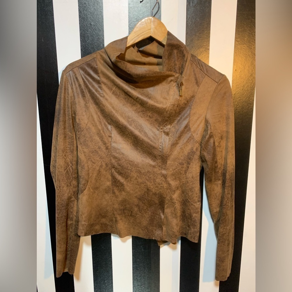 Brown Faux Suede Zip Up Moto Style Shirt Jacket Mad Max Apocalypse Vibes XS/Sm